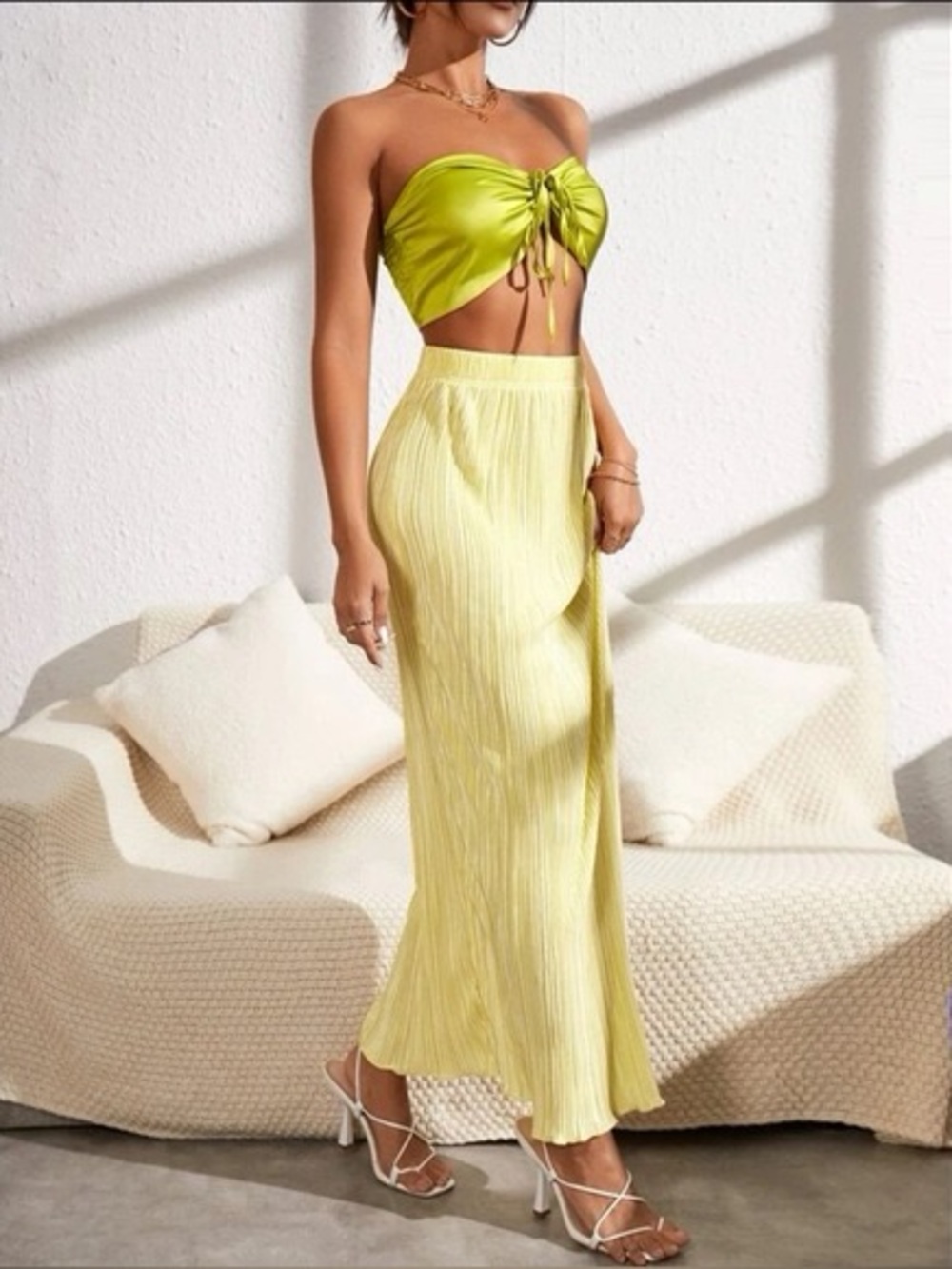 Yellow/Green Satin Bandeau Top & Pleated Midi Skirt Set- M/6